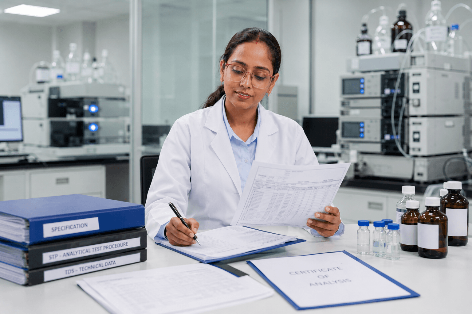 Saumya Dubey reviewing QA documentation in a white coat.